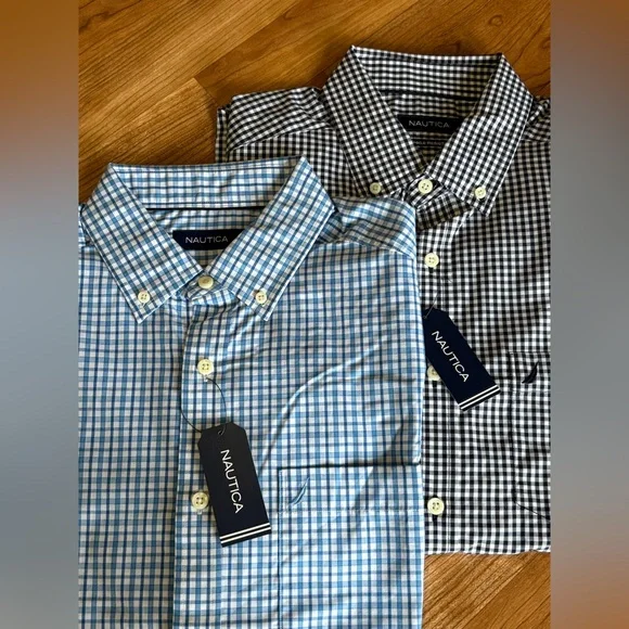 Nautica Men Gingham Shirts Medium Bundle of 2 one short sleeve, one long sleeve - Picture 1 of 9